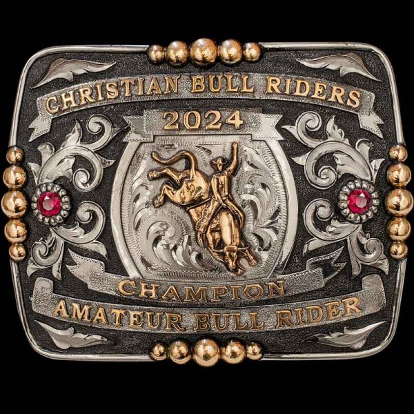 Let's hear a "Yee-haw!" for the Lancaster Belt Buckle. This beautiul custom trophy buckle is built on a matted square base, with amazing silver scrolls and large bronze beads. Personalize it today! 